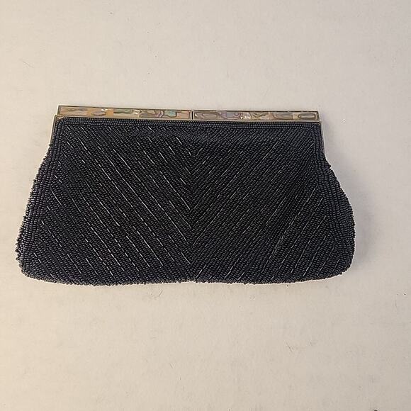 Vintage Black Beaded Clutch Evening Bag Purse Seashell Embellishments - Picture 1 of 5